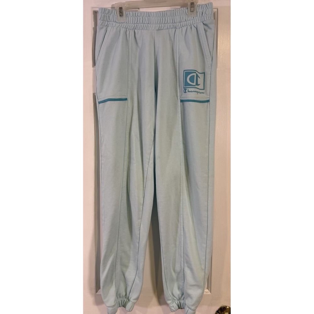 Champion Womens Small Jogger Sweatpants Light Blue Logo Pockets Elastic S Y2K